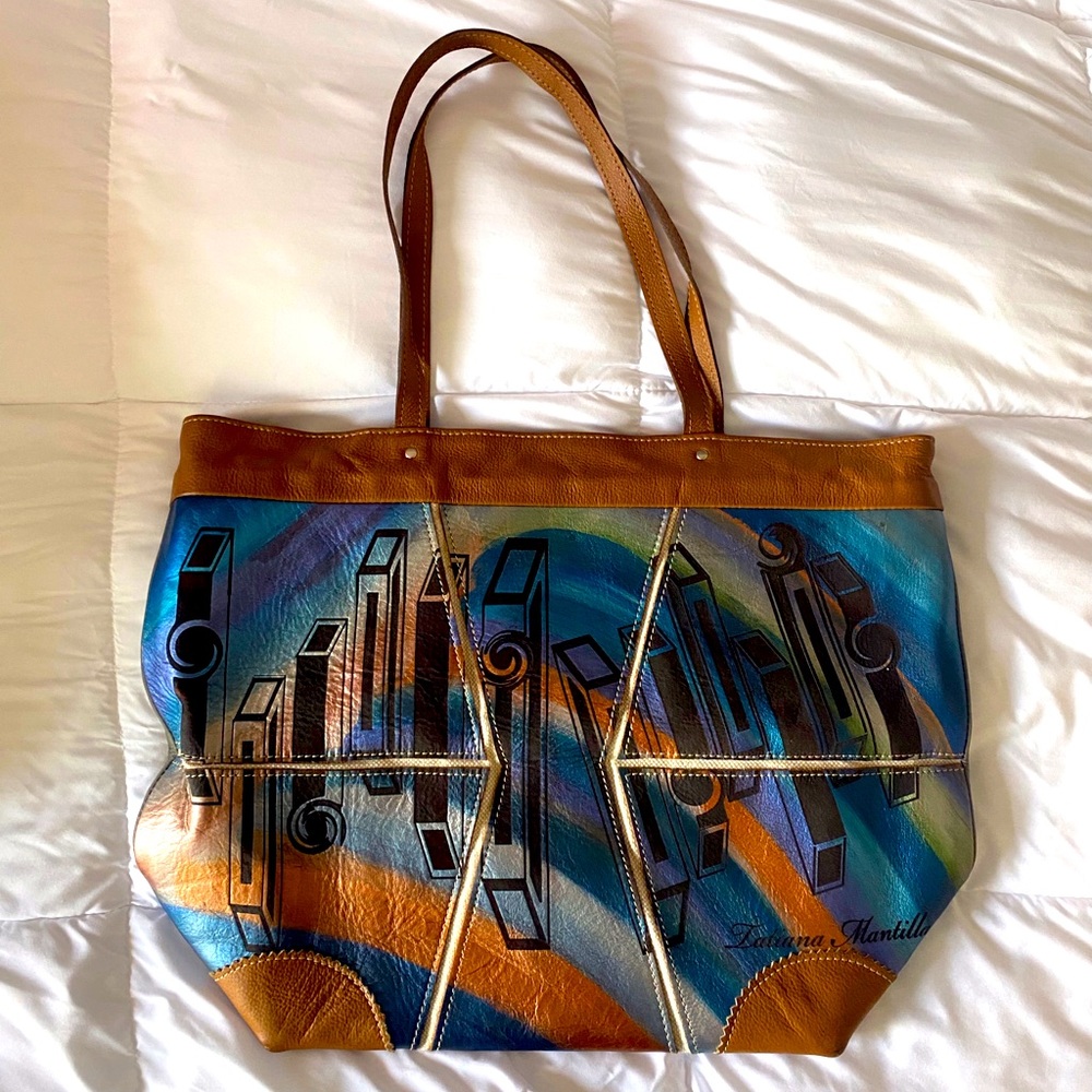 Genuine leather, tote handmade painted